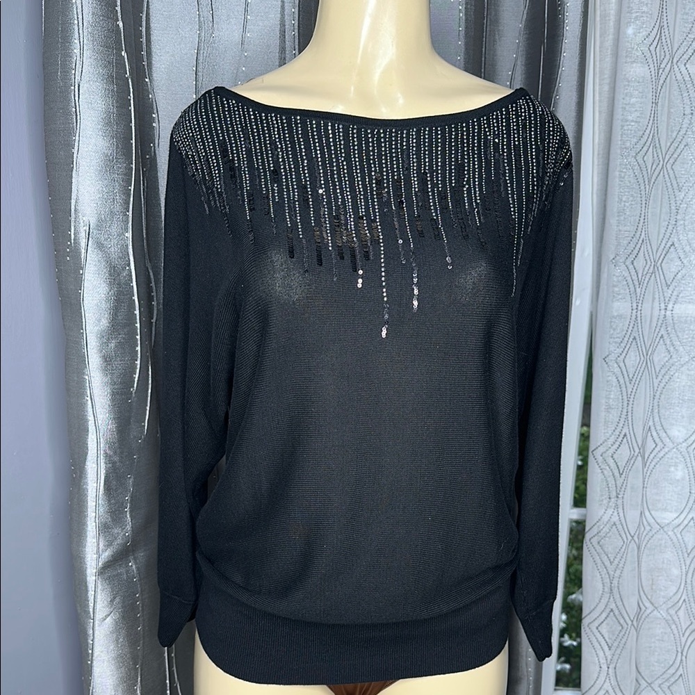 White House Black Market Black Off-the-Shoulder Sweater with Embellishments Sz M